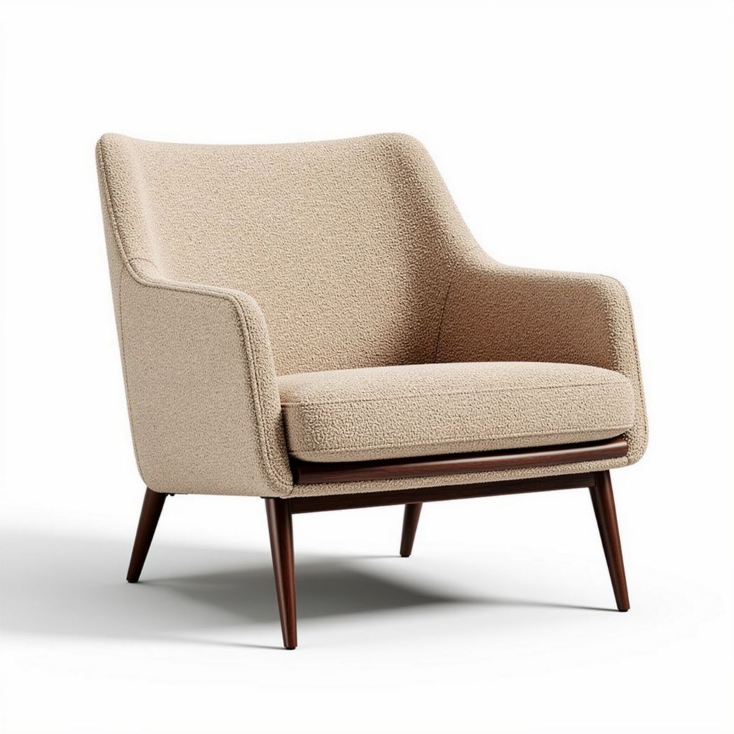 Fauteuil contemporain en tissu bouclier beige avec pieds en bois 80 x 80 x 90cm