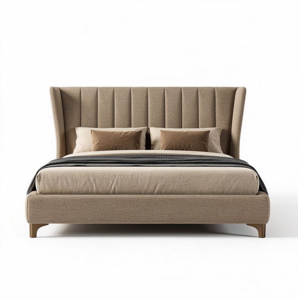 Lit en tissu beige avec tête de lit capitonnée 200 x 160 x 120cm