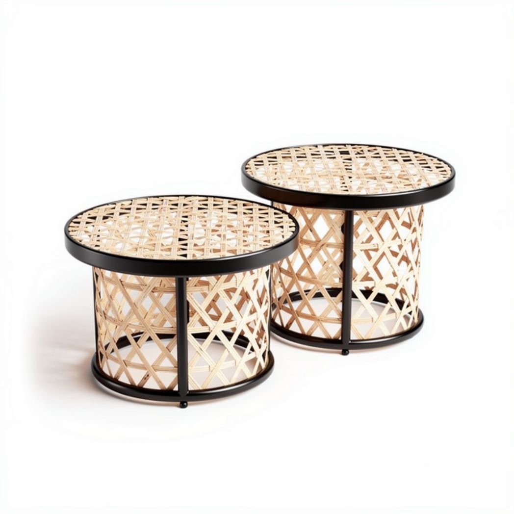 Table basse en rotin tressé et métal noir lot de deux pièces dimensions 30 x 30 x 40cm