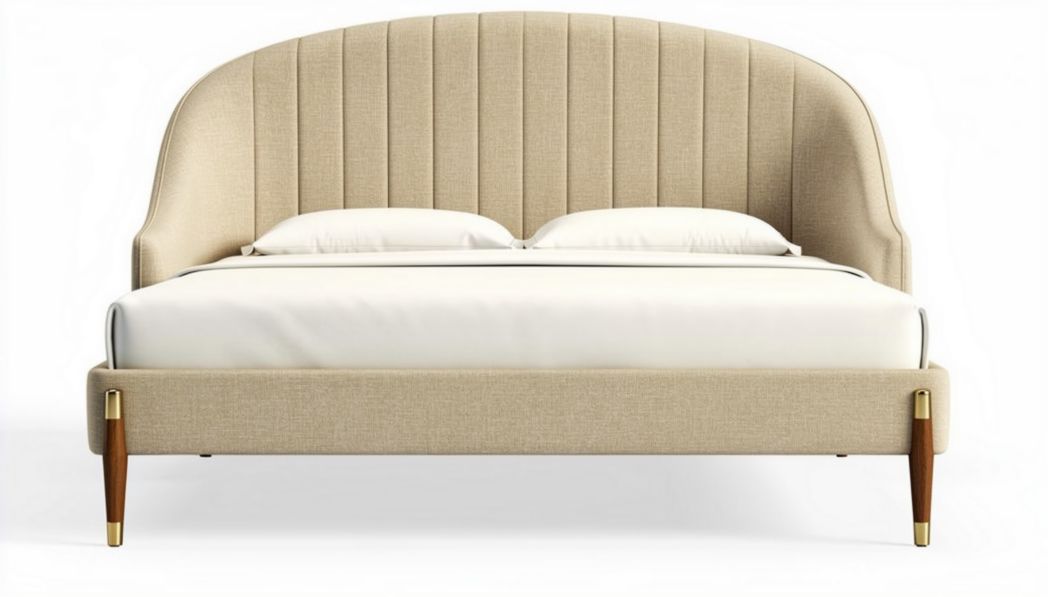 Lit double en tissu beige avec tête de lit rembourrée dimensions 210 x 160 x 100cm