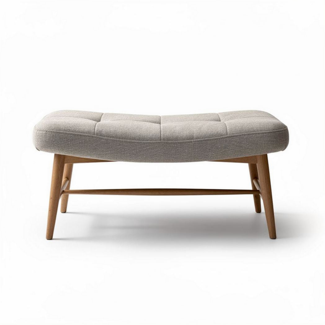 Banc en tissu gris clair sur pieds en bois naturel 100 x 50 x 40cm