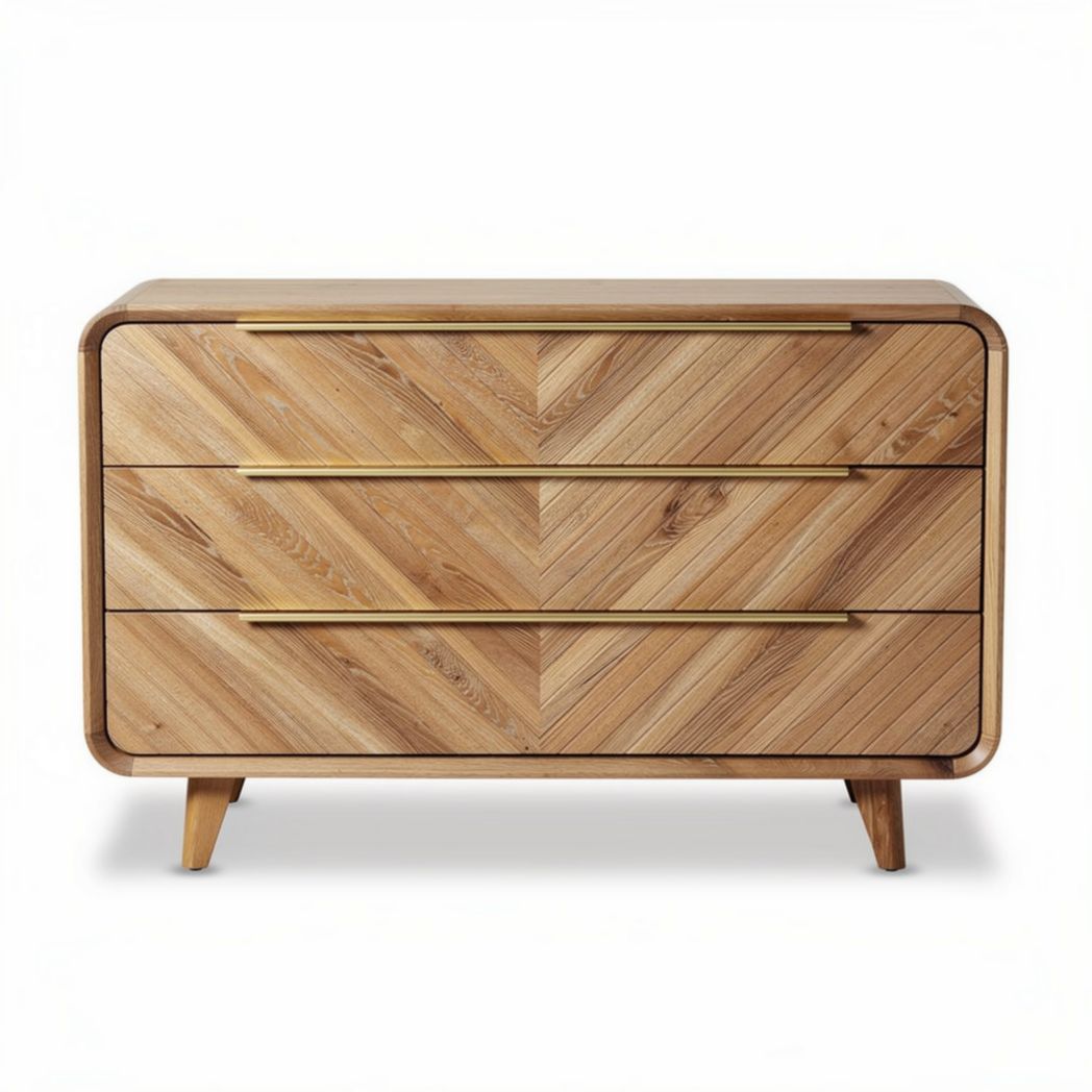 Commode en bois avec finition chevron et poignées dorées 90 x 45 x 75cm