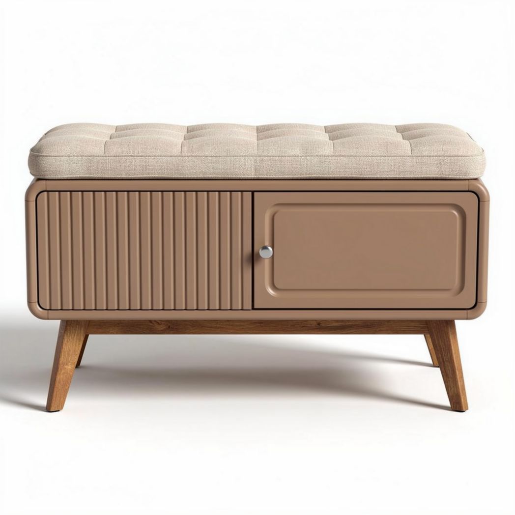Banquette en tissu beige et bois avec rangement 100 x 50 x 45cm