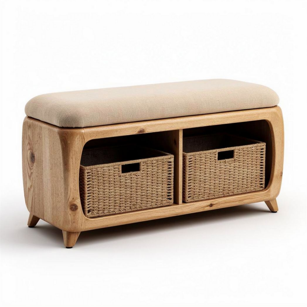 Banc en bois avec assise en tissu et deux paniers de rangement 100 x 40 x 45cm