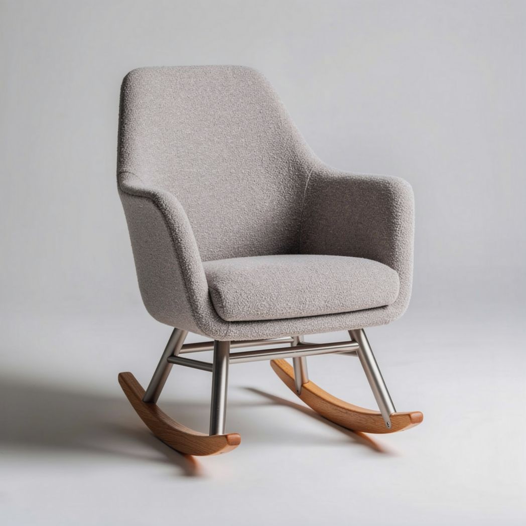 Fauteuil à bascule en tissu gris avec structure en bois et métal 80 x 75 x 85cm