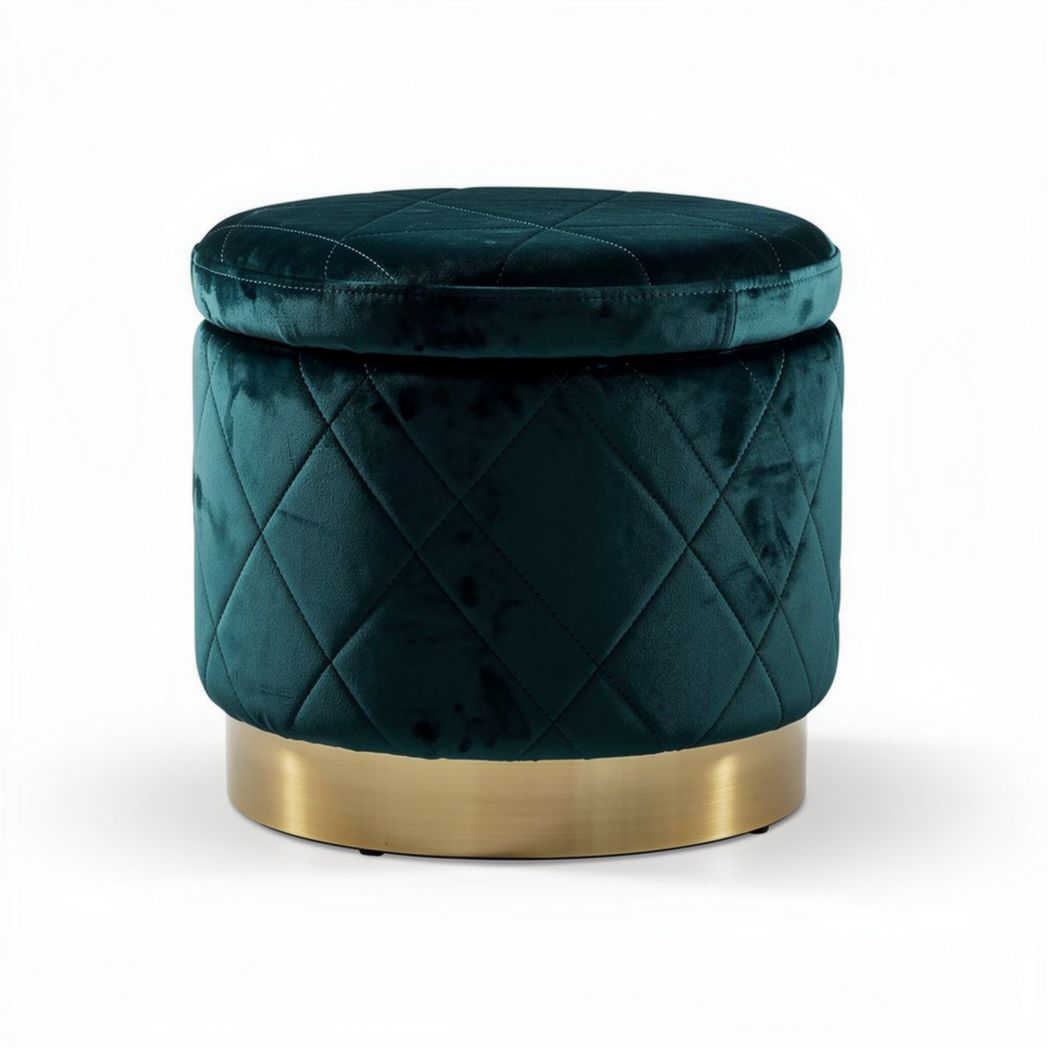 Pouf en velours vert bouteille avec base en métal doré dimensions 40 x 40 x 45cm